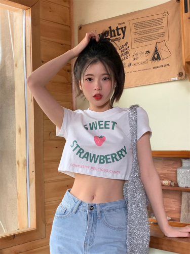 Real price round neck short coat Korean strawberry printing Cute Short Sleeve T-Shirt