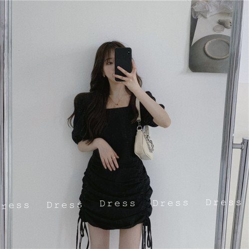 Live shot! Real price! Temperament drawstring pleated bubble sleeve design sense dress