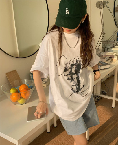 Real price chic Hanfeng loose thin round neck printed short sleeve T-shirt