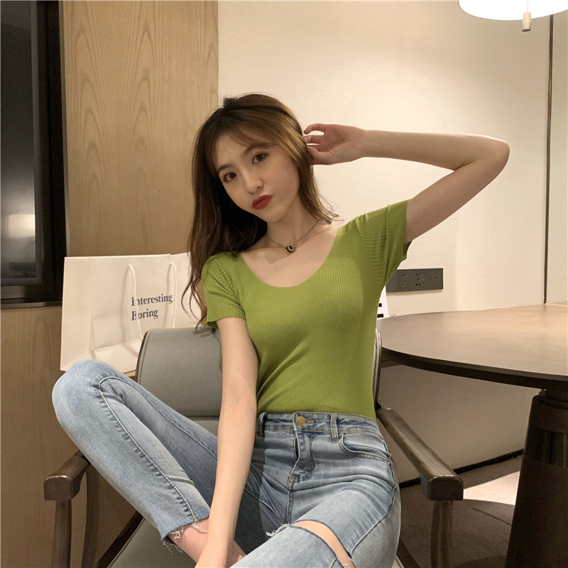 Real shot Real Price vintage short sleeve T-shirt simple French collar looks thin and versatile knitted short sleeve top