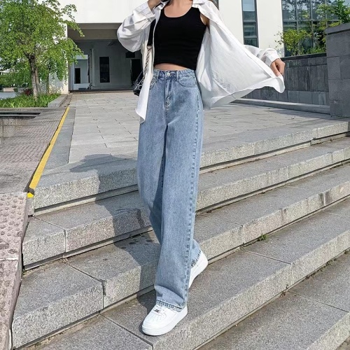 High waist and wide leg jeans women's straight tube loose spring 2022 new style slim and tall ground dragging pants