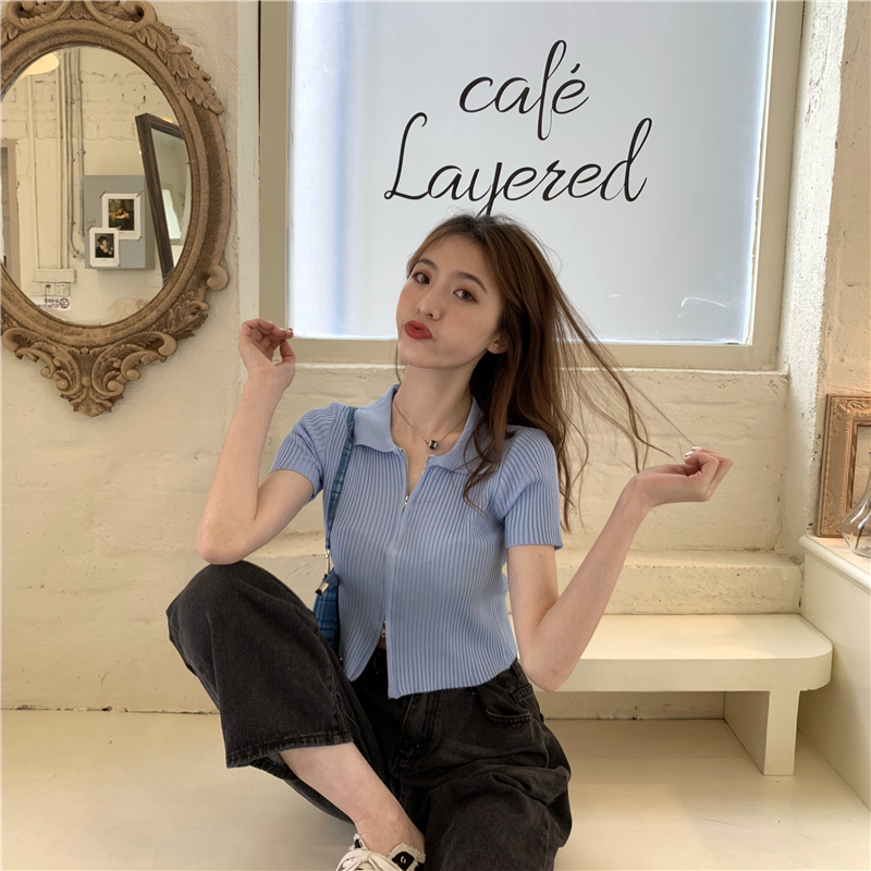 Real photo real price sexy double zipper T-shirt short open navel slim cardigan