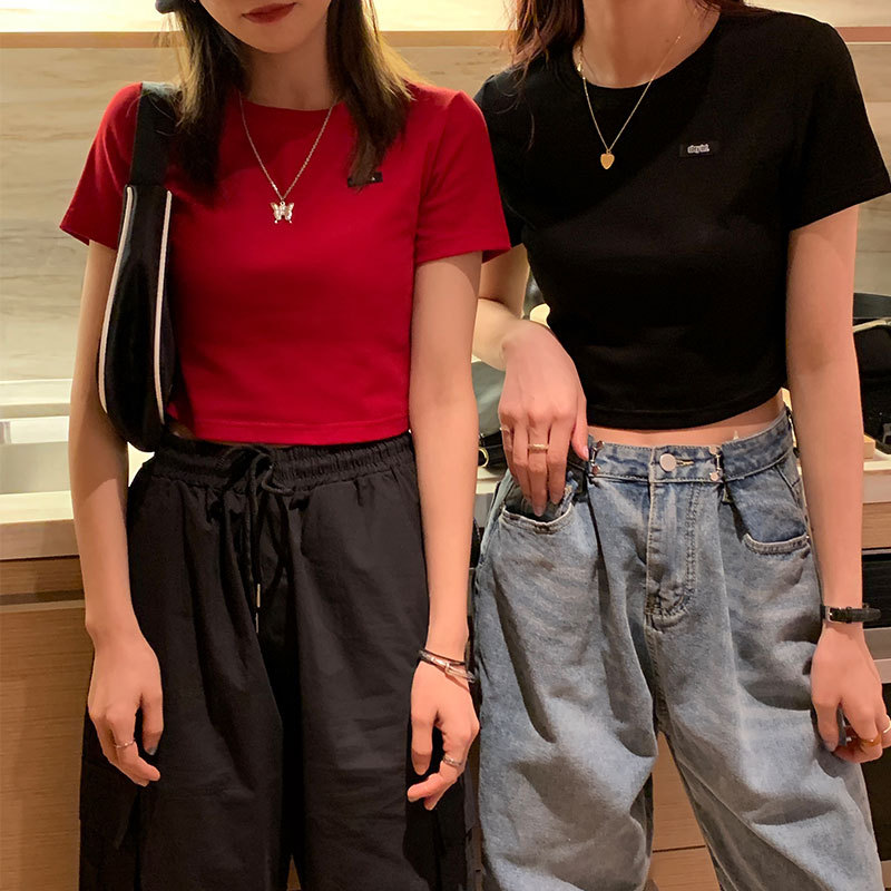 Actual photo new multi-color BM style short navel top women's small logo short sleeve slim T-shirt in summer 2020
