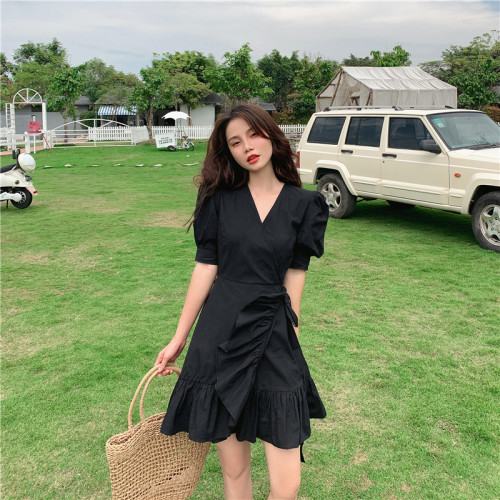 Real photo real price black dress women's westernized short sleeve solid color medium long skirt with waist closed and thin small black skirt