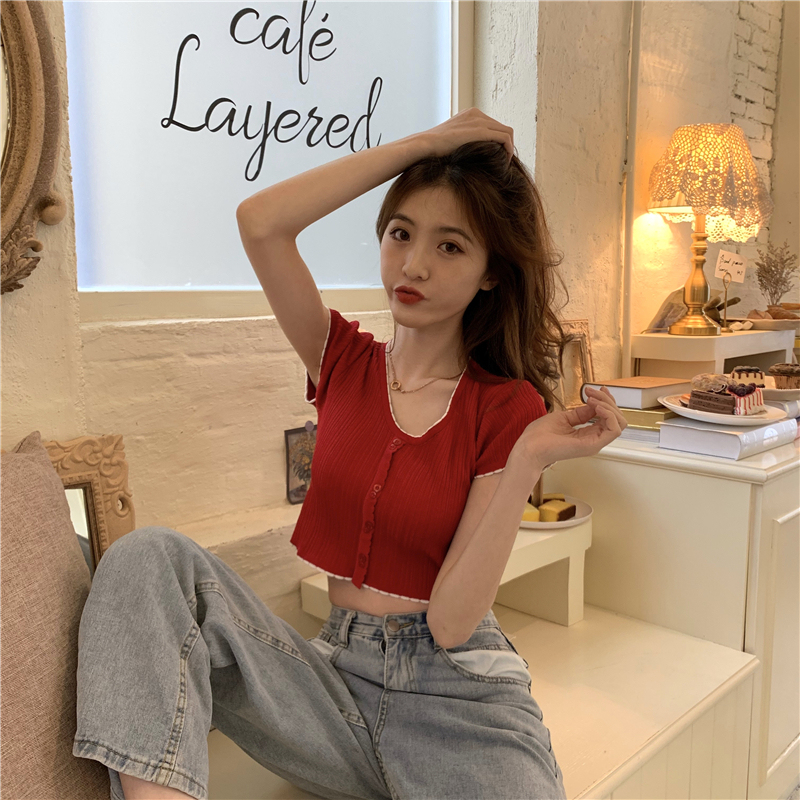 Real shot real price Korean button collar short fit slim short sleeve Knitted Top
