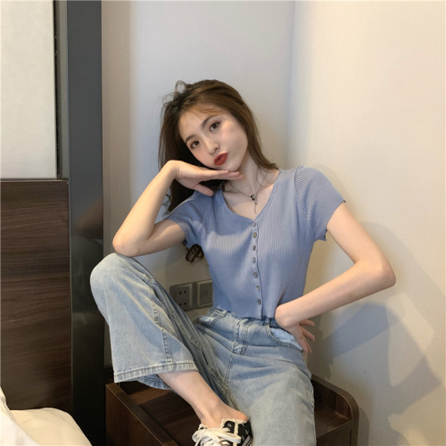 Real photo real price French retro slim high waist short collar solid color knitting short sleeve cardigan