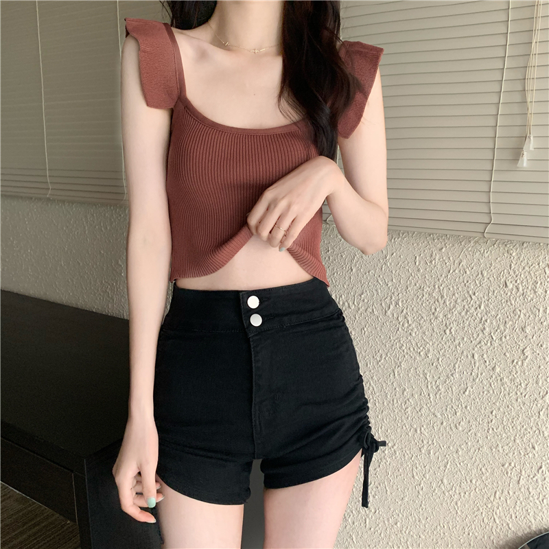 Real shooting and real price summer new style Ruffle knit suspender vest design feeling women's outer jacket