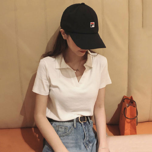 100 cotton short sleeve T-shirt women's short polo collar top 2021 new fashion student Japanese summer wear versatile fashion
