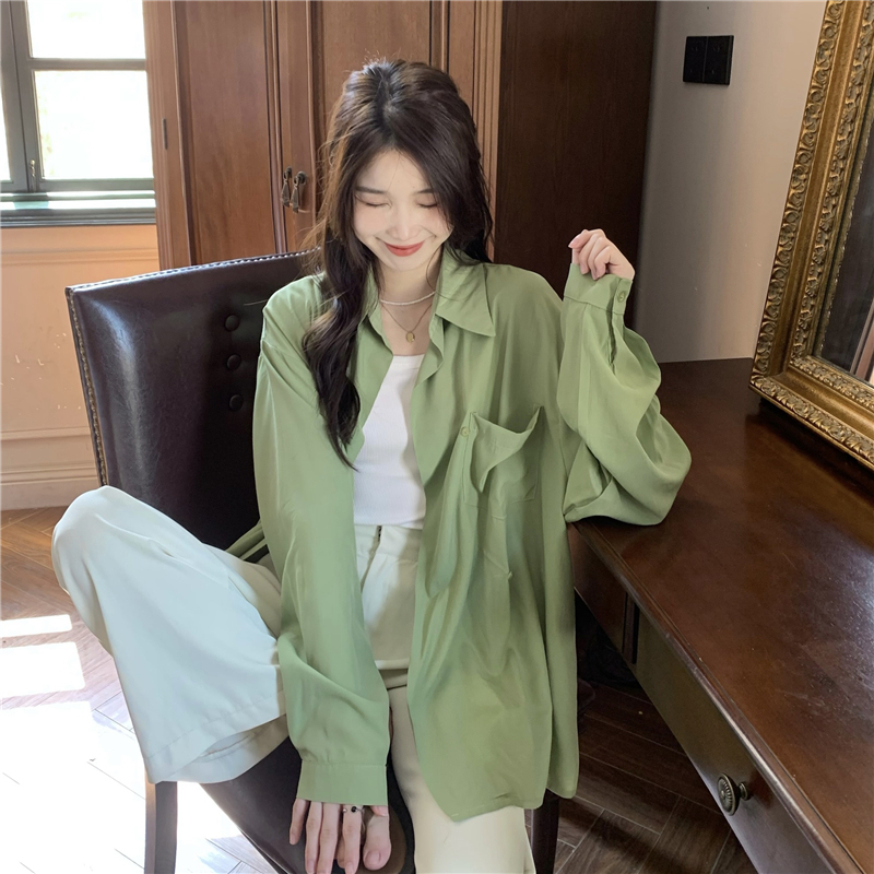 Real shot real price fashionable lazy solid color loose oblique placket design feeling versatile long sleeved shirt sunscreen shirt