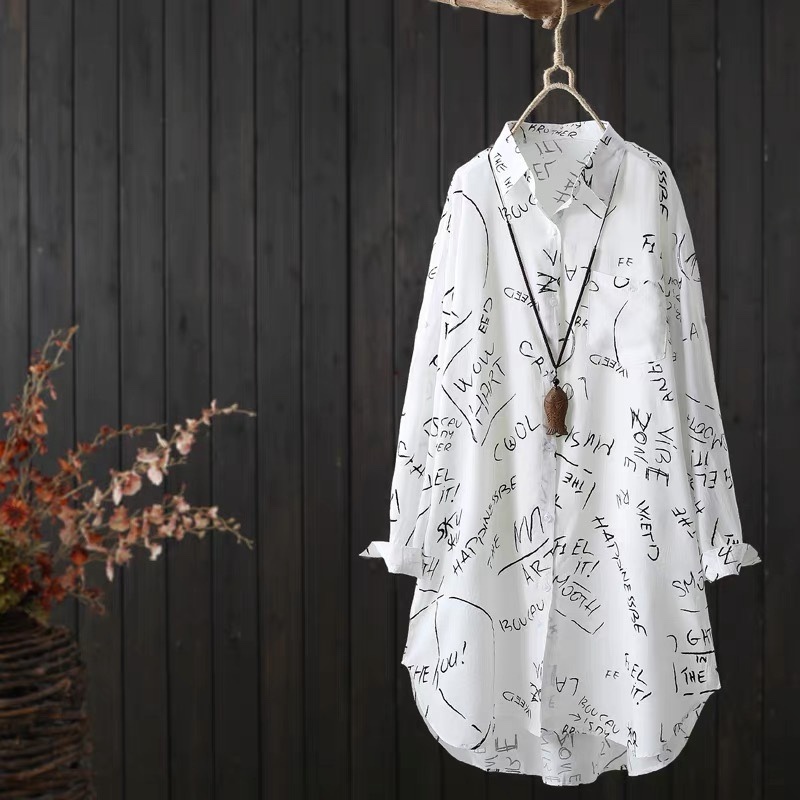 Letter print medium long long long sleeved shirt women's summer clothes new casual loose cardigan sunscreen clothes women's beach clothes