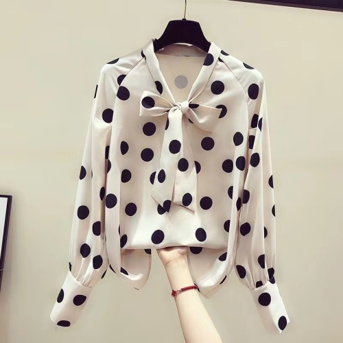 Early spring Vintage girl wave Dot Chiffon shirt women's long sleeve foreign style lace up lazy wind loose Hong Kong style top