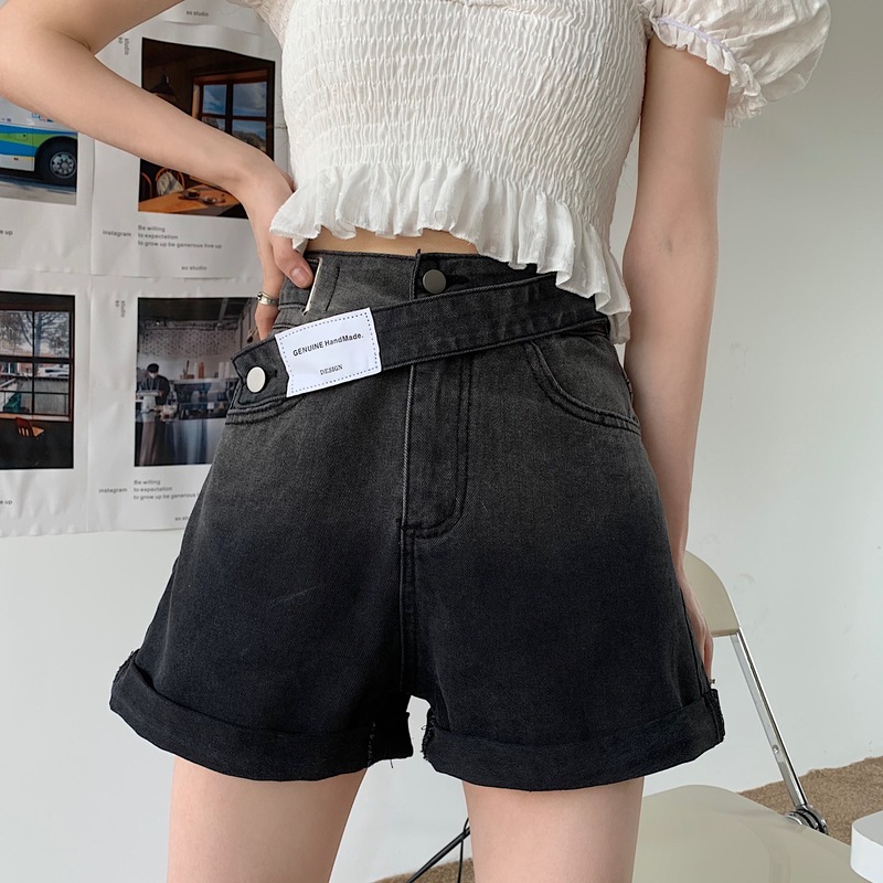 Real price Korean fashion gradient denim hot pants women's wide leg irregular High Waist Shorts trend