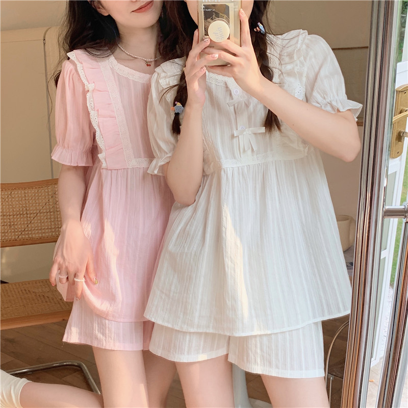 Real price Korean version sweet lace cotton jacquard small fresh lace short sleeved shorts for home wear