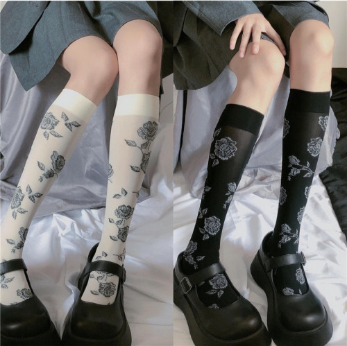 Real shooting without price reduction ~ Retro Style Rose socks calf Socks Black and White Velvet jacquard stockings