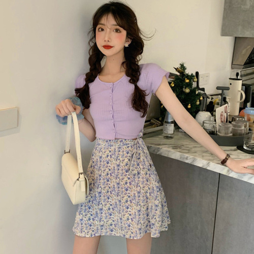 Summer 2022 short style fungus edge short sleeve knitted cardigan women's top and skirt two-piece set