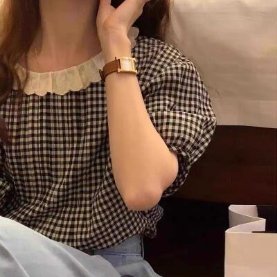 ~Vovu dongdamen 2022 summer new women's sweet lace doll splicing Plaid Shirt