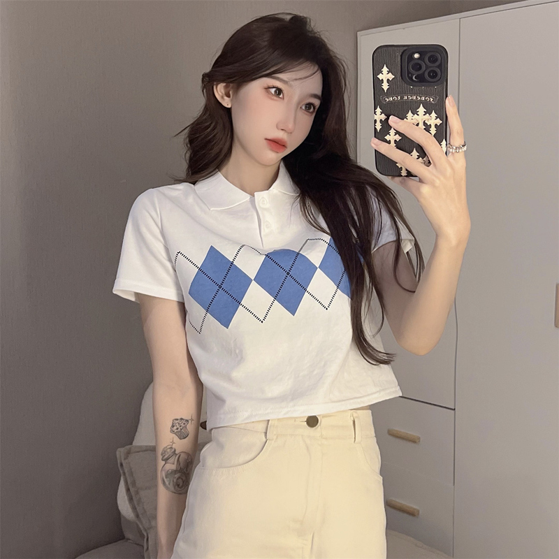Real shot 6535 cotton summer dress Lingge polo collar women's high waist short blouse