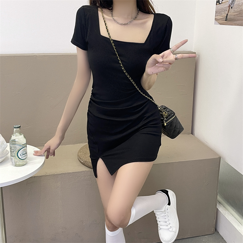 Real shooting summer dress square neck small black skirt slim dress