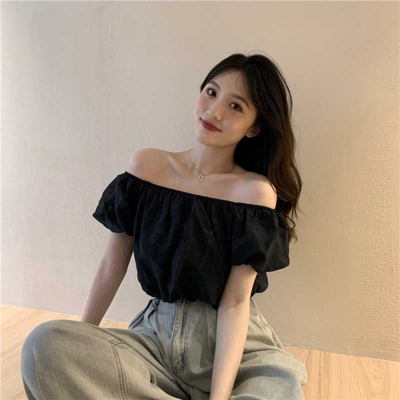 Real price two-color one line collar off shoulder top careful machine design Strapless top women's summer pullover shirt