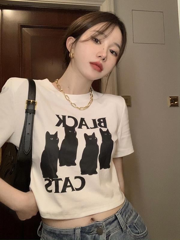 Real price ~ cat printed short sleeve straight shoulder T-shirt women's 2022 new summer niche slim top