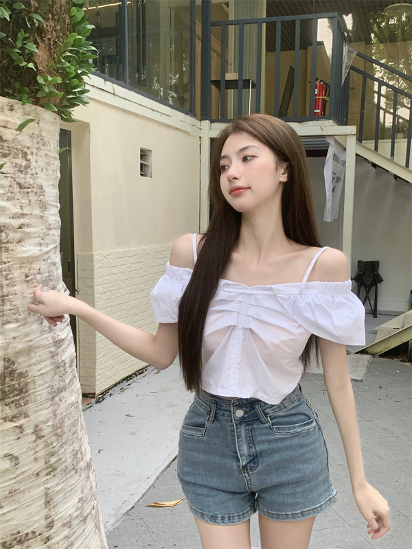 Real shot real price Korean version slim and slim short suspender one line collar shirt versatile student casual coat