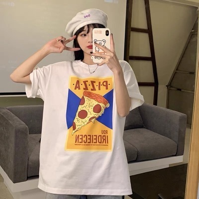 Cotton pizza printed short sleeved T-Shirt New Female Student versatile casual summer half sleeved top fashion