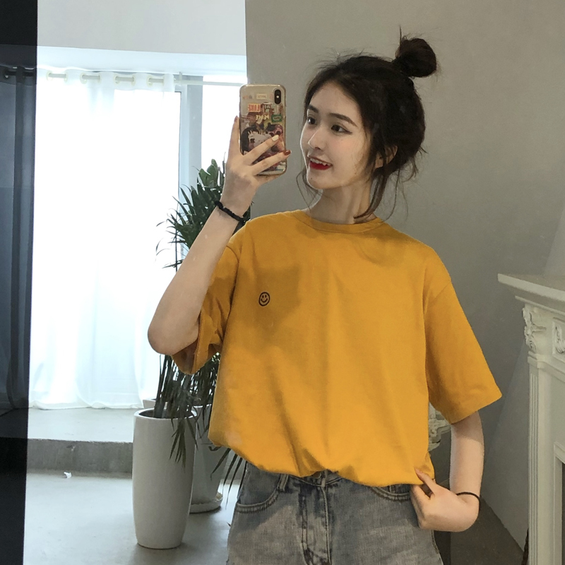 Korean summer new style simple and loose medium and long BF style lovers wear versatile short sleeved T-shirt women's shirt