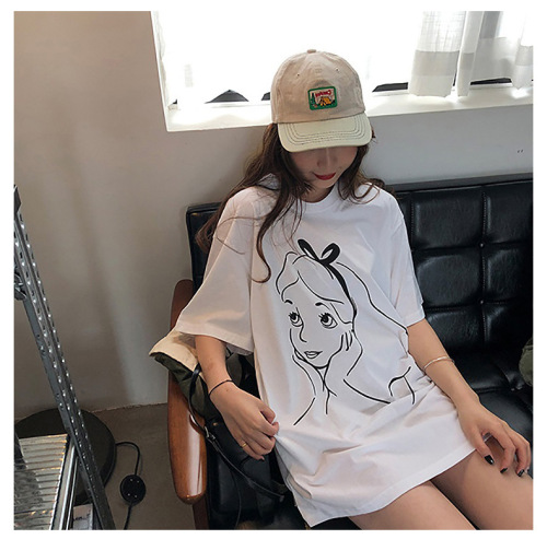 Summer fashion new Korean figure print medium long short sleeved t-shirt female student loose top