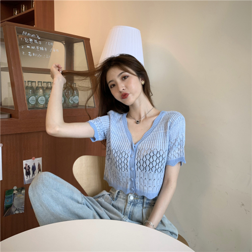 Real photo real price wooden ear edge Knitted Blouse color matching loose thin short sleeve top