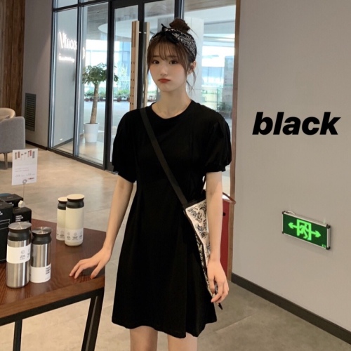 Real-price Korean version of casual waist-slim dress college style black-and-white stripes/black