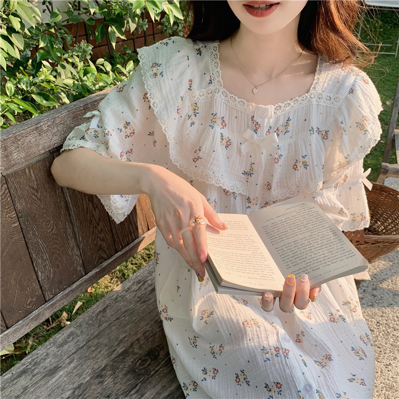 Real price Korean version small fresh loose soft cotton printed sweet lace outer nightdress home clothes