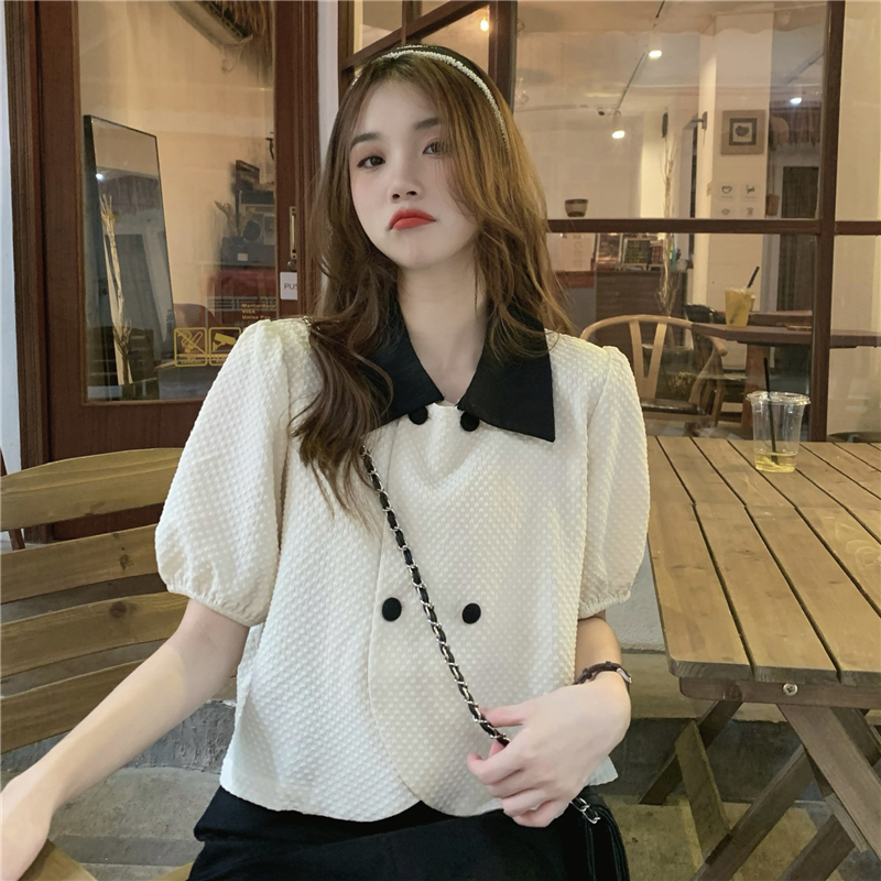 Real price! 2022 summer thin bubble sleeve stand collar top design sense of minority short sleeve shirt