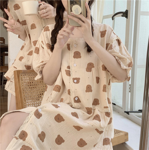 Real price Korean soft cotton skin friendly Cartoon Bear cute lace short sleeved shorts suit nightdress
