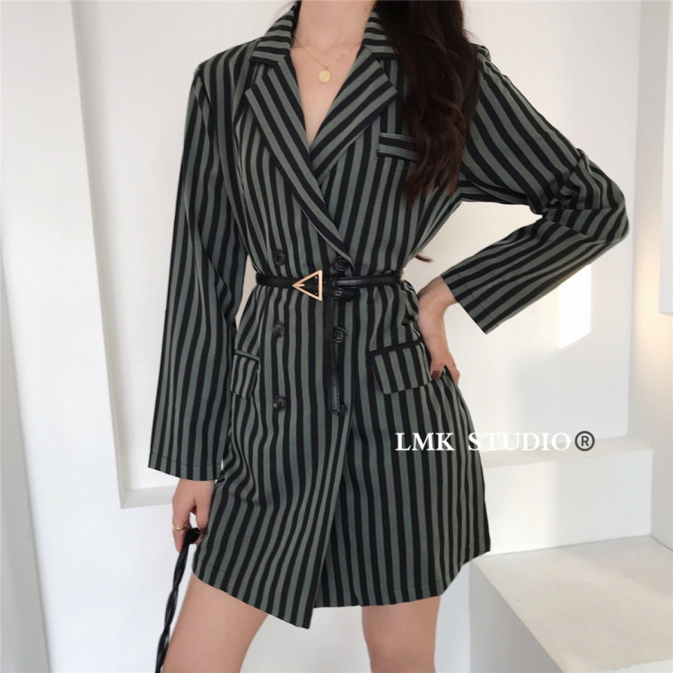 [LMK] vertical stripe medium length suit (with belt) c01# hjy