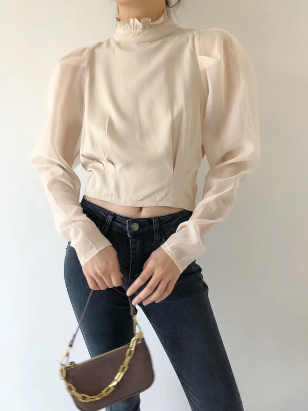 [LMK] design sense small stand collar bubble sleeve long sleeve T-shirt 19138# hjy