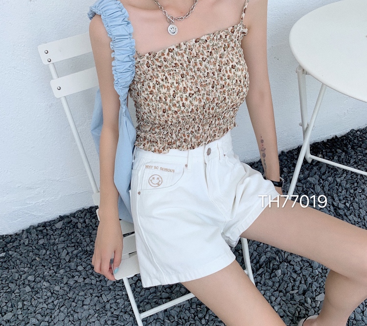 goods in stock! [T.H] embroidered letters smiling face denim shorts 77019# LJF