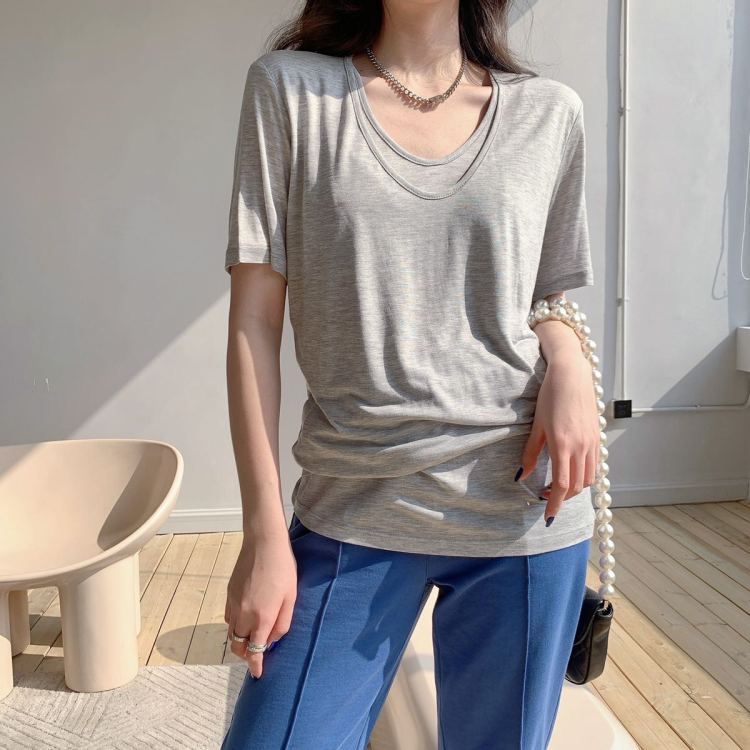 [Xi Xi] round neck fake two pieces of versatile comfortable short sleeve T-shirt 9590# hyy
