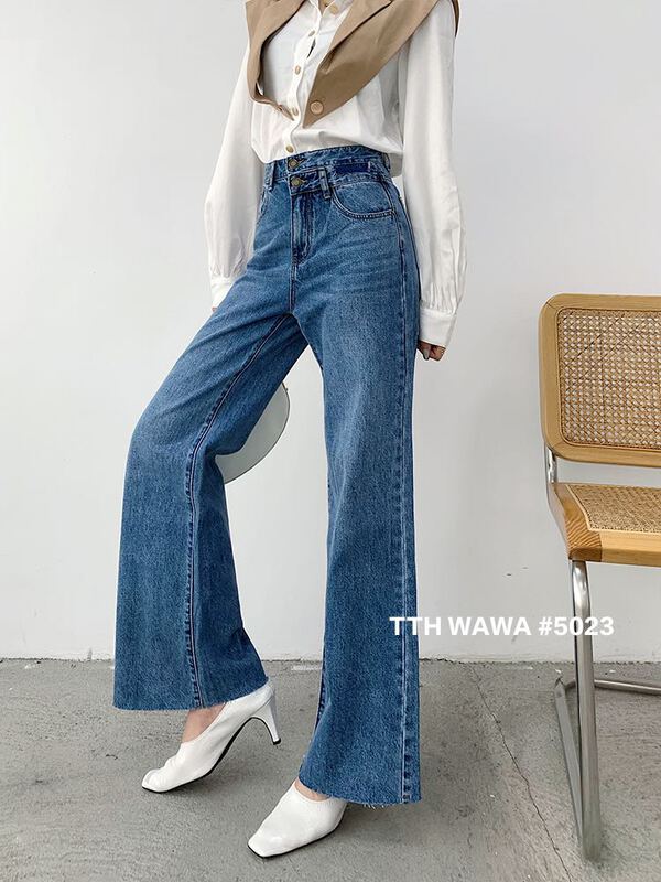 Original price 100.39! [Wawa] Korean personalized double button wide leg jeans 5023# CJJ