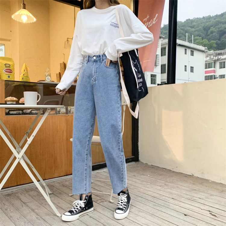 [Wawa] embroidered small letters elastic waist radish pants jeans a8551# CJJ