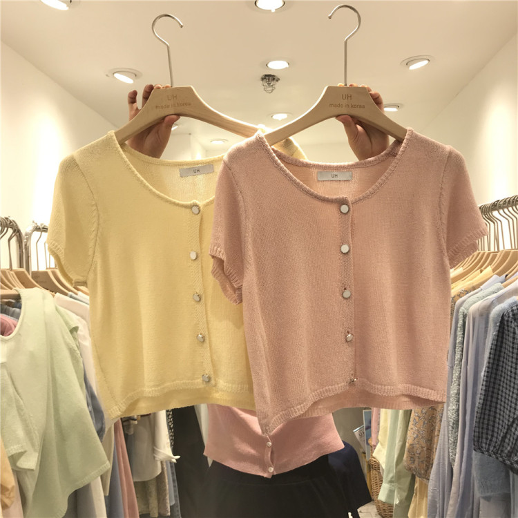 [uh] simple round neck short short sleeved knitted cardigan 6676# DB