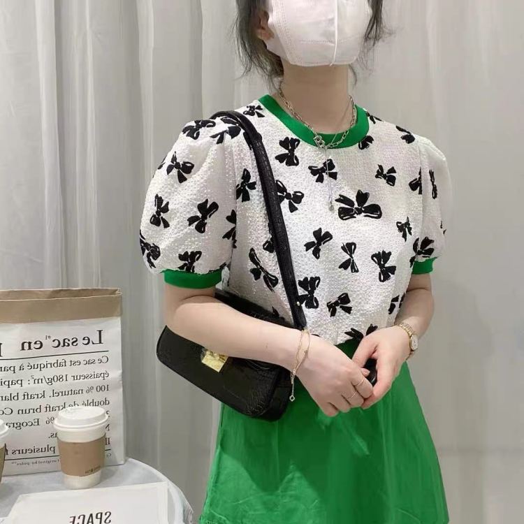 Original price 47.37! [I-D] Korean versatile bow pattern short sleeved shirt 9283# L