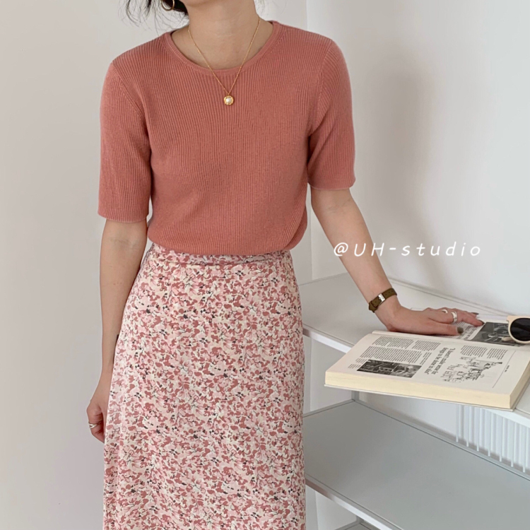 Original price 43.99! Early spring new! [uh] round neck knit slim fit short sleeve T-shirt ys1-6621# hjy