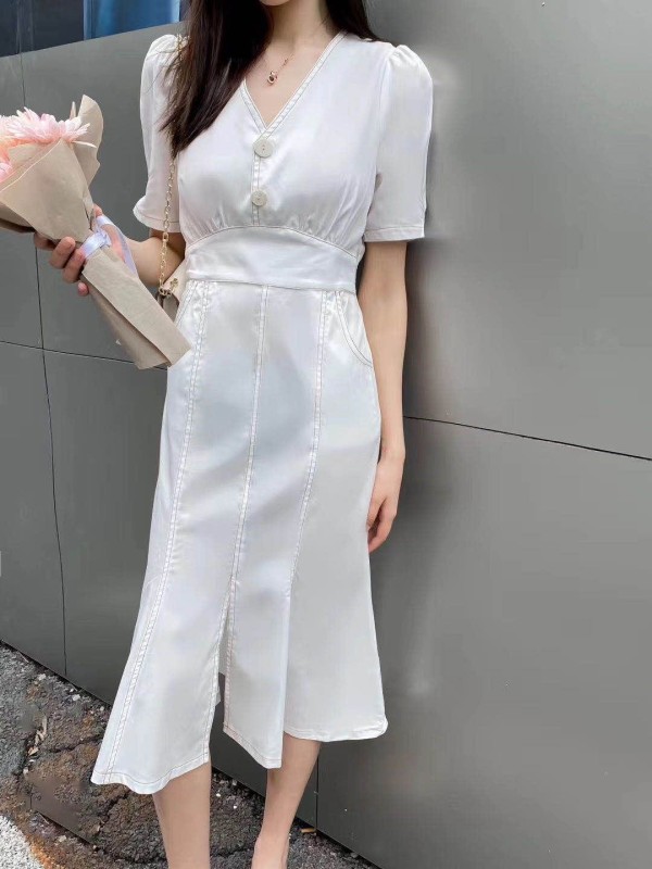 Original price 84.55! [I-D] Korean slim V-Neck long dress 8233# L
