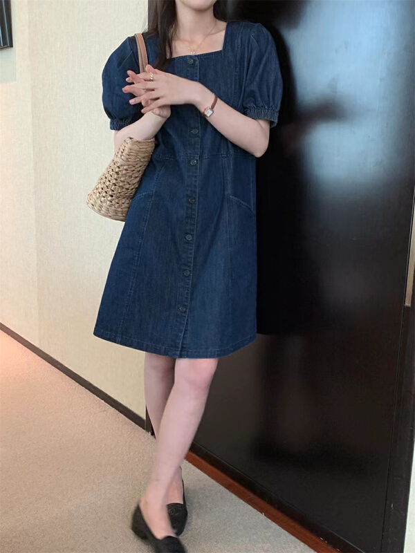 [buyer's selection] Korean button up square neck denim dress 50631# XJ