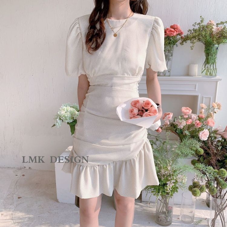 [LMK] comfortable pleated bubble sleeve dress 2121# hjy