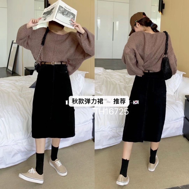 New in early autumn! [T.H] Korean version simple and versatile medium length denim skirt (with belt) 16725# LJF