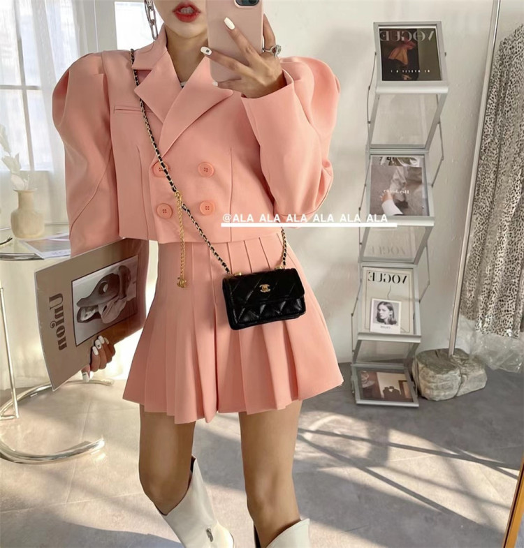 Early spring new! [ala] French bubble sleeve short suit + pleated skirt two piece suit (without bag) ys1-2887# JJ