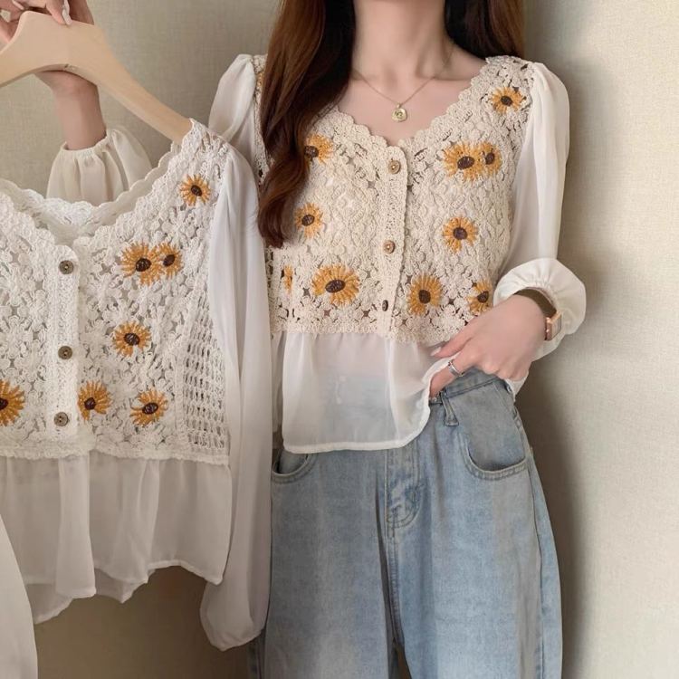 [fat woman's family] design sense niche French chiffon shirt 1968# HBx
