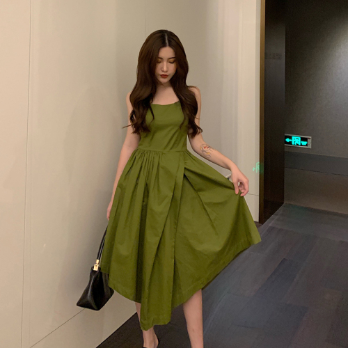Real-price Korean version of shea butter green sleeveless square collar pendant waistband retractable dress
