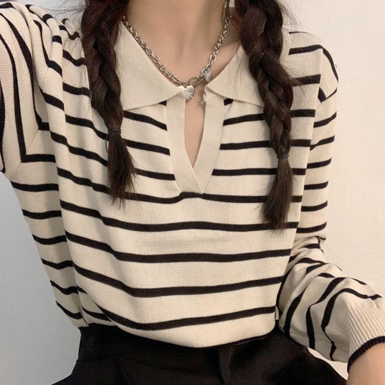 New in early autumn! [fat woman's family] Korean striped Lapel loose knit 81018-1# HBx